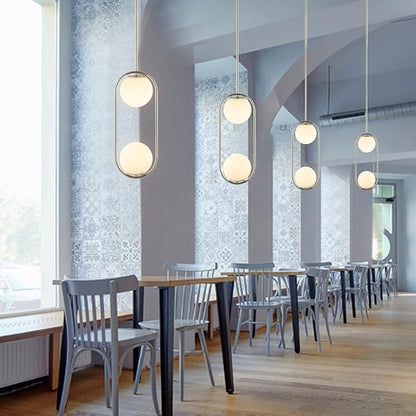Modern Globe Pendant Light 2-Lights Brushed Nickel Chandelier Mid Century Ceiling Hanging Lighting Fixture White Globe Glass Shades for Kitchen Island Dining Room Bedroom
