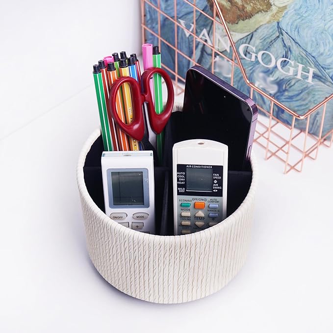 Round Leather Art Supply Organizer,Remote Control Holder,360 Degree Spinning,Multi-Functional Pencil Holder,4 Compartments Desktop Stationary Organizer(1-Wood Beige)