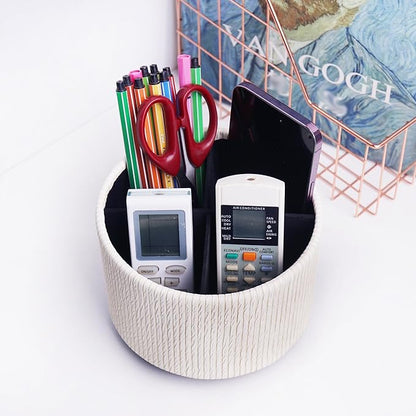 Round Leather Art Supply Organizer,Remote Control Holder,360 Degree Spinning,Multi-Functional Pencil Holder,4 Compartments Desktop Stationary Organizer(1-Wood Beige)