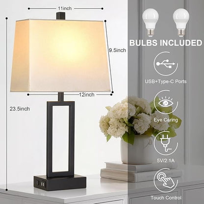 Touch Control Table Lamps with 2 USB Charging Ports & AC Outlets, 23" Tall Modern Nightstand Bedside Lamp for Bedroom, 3-Way Dimmable Metal Table Lamp with Fabric White Shade for Living Room End Table