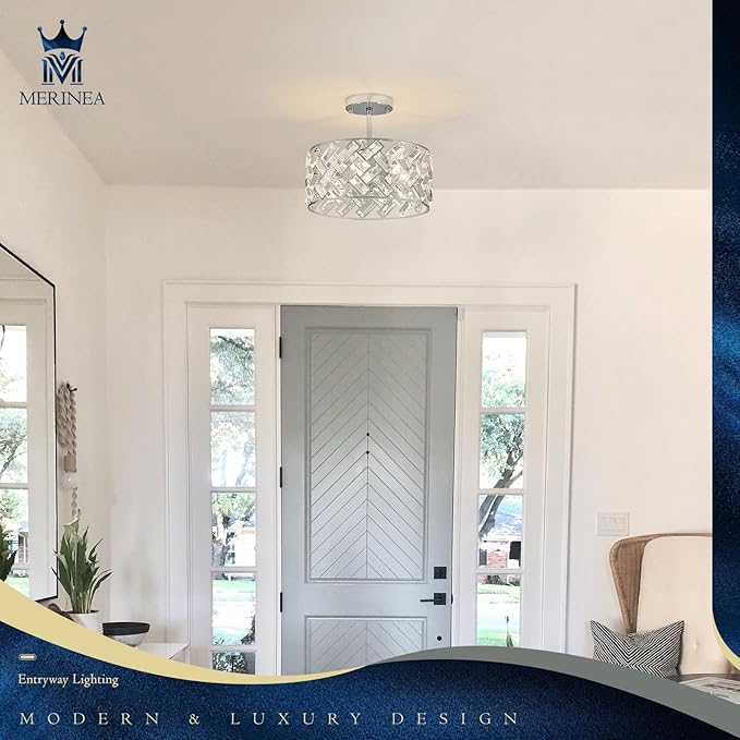 Chrome Crystal Chandelier 4-Light, 12" Modern Round Drum Ceiling Light, Semi Flush Mount Crystal Pendant Fixture for Kitchen Island, Dining Room, Bedroom, Entryway, Hallway