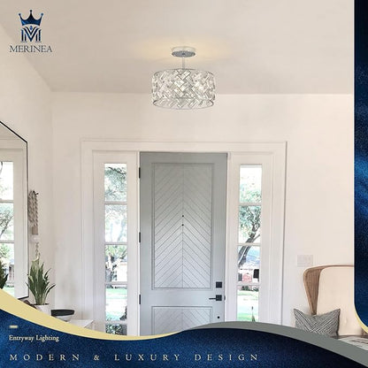 Chrome Crystal Chandelier 4-Light, 12" Modern Round Drum Ceiling Light, Semi Flush Mount Crystal Pendant Fixture for Kitchen Island, Dining Room, Bedroom, Entryway, Hallway