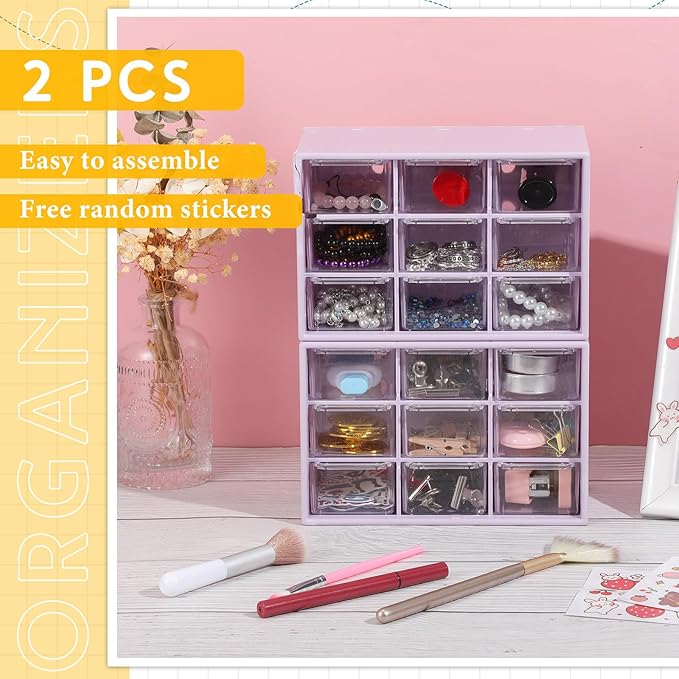 Wenqik 2 Pcs Mini Storage Drawers Teacher Toolbox Organizer with 9 Clear Drawers Small Plastic Desktop Teacher Desk Craft Organizer for Classroom Office 7" x 3. 9" x 4. 7"(Purple)