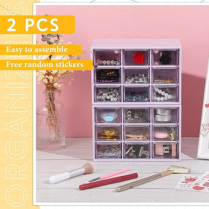 Wenqik 2 Pcs Mini Storage Drawers Teacher Toolbox Organizer with 9 Clear Drawers Small Plastic Desktop Teacher Desk Craft Organizer for Classroom Office 7" x 3. 9" x 4. 7"(Purple)
