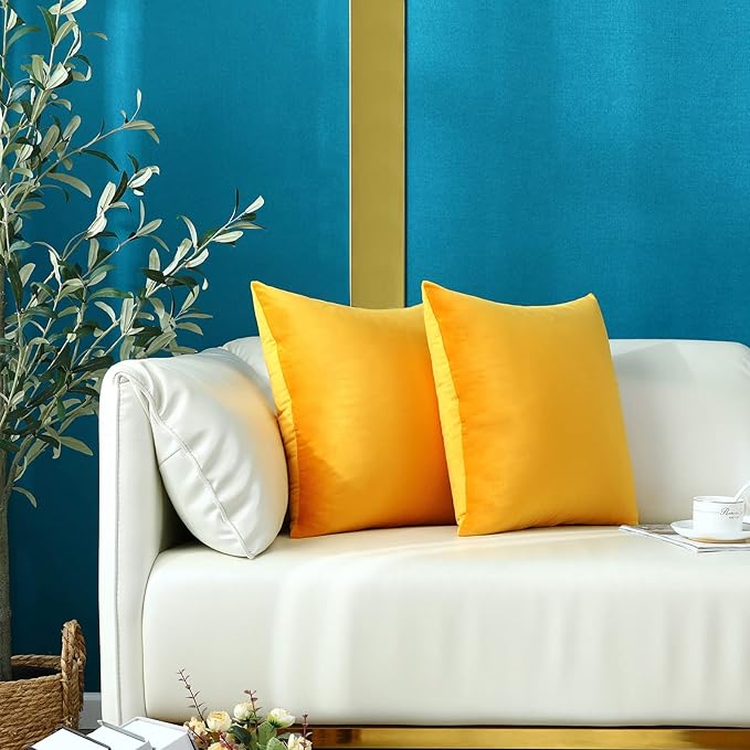 mixeoo Comfy Mustard Yellow Throw Pillow Covers Decorative Square Solid Thick Velvet Super Soft Cushion Cases Home Decor for Sofa Couch Living Room Chair, Set of 2, 18 x 18 Inch