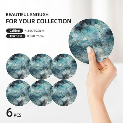 6 Pcs Ceramic Coasters with Holder Absorbent Drink Round Gold and Blue Marble Style Design for Home Table Coffee Cup Wine Beer Bar,Size 4.4 inches
