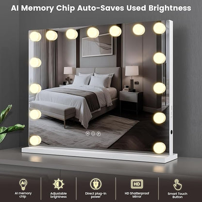 VESAUR Hollywood Vanity Mirror with Lights, Large Lighted Makeup Mirror with 15 Touch Dimmable LED Bulbs, 3 Colors,10X/15X Magnification, USB/Type-C Charging Port, Aluminum Frame, Tabletop/Wall Mount