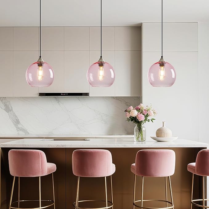 Pink Glass Pendant Lights Kitchen Island Lighting Globe Pendant Light Fixtures Modern Pendant Lighting for Bedroom Living Dining Room Light Fixture (7.87 in, 3 Pack)