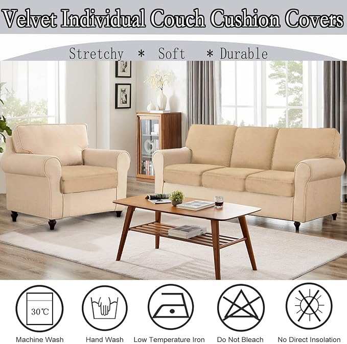NAISI Couch Cushion Covers 1 Piece Velvet Stretch Sofa Seat Covers or Backrest Covers Soft Individual Couch Covers for Sectional Sofa(1 PC for Seat Cushion or Backrest,Camel)