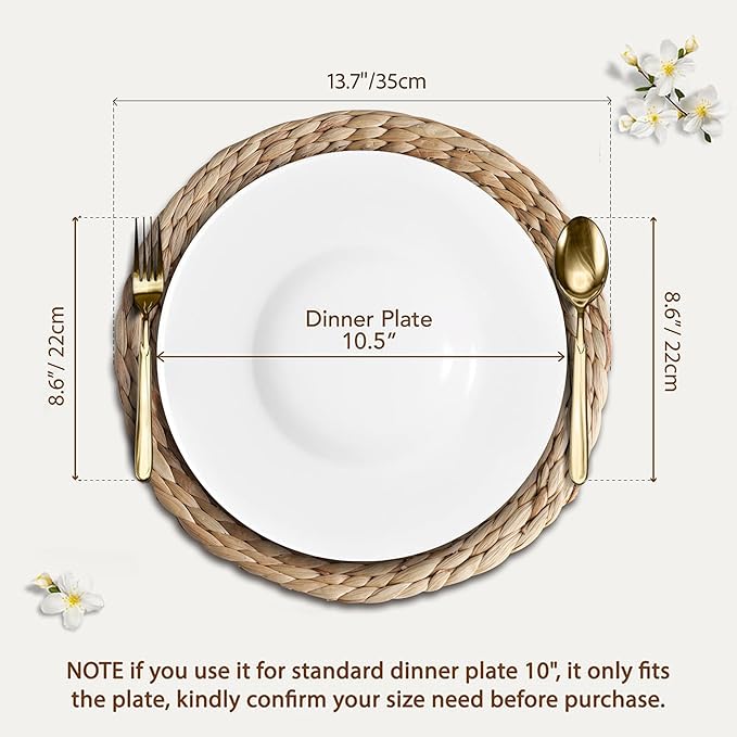 Natural Round Placemats Set of 10, Woven Placemats 13.7", Herringbone Pattern, Table Mats Braided Heat Proof, Farmhouse Boho Table Place Mat Ourdoor Wicker Chargers for Dinner Plates