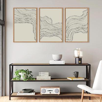 HLNIUC Neutral Abstract Framed Canvas Wall Art Set, Black Beige Wave Line Wall Decor, Large Minimalist Painting, Modern Geometric Art Print for Living Room, Bedroom, Dinning Room, Office - 16"x24"x3