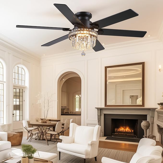 Asyko Crystal Ceiling Fan Fandelier with Lights - 52" Outdoor Fans with Remote Control，Crystal Ceiling Fans Noiseless DC Motor, Retro/Farmhouse Lighting, Dining Room,Living Room