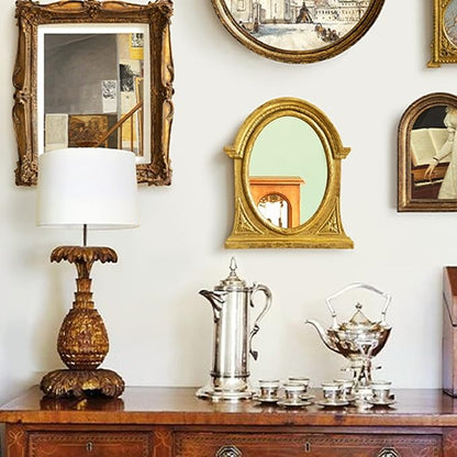 Eaoundm 8.3 x 7.1 inch Arch Mirror Antique Resin Frame Vintage Hanging Mirrors Tabletop Mirrors Gold Oval