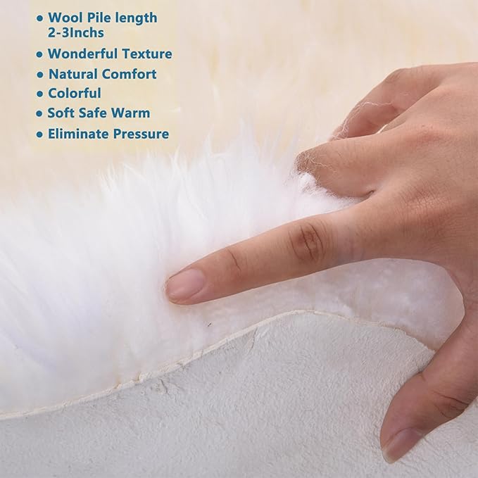 Premium Genuine Sheepskin Rug, Fuzzy Fluffy Shaggy Fur Wool Area Carpet for Soft Fur Pray Pup Mat,Bedroom,Living Room,Chair Sofa Seat Cover,Ivory White, 2' x 6'