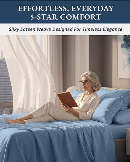 LANE LINEN Luxury Hotel Style 100% Egyptian Cotton Bed Sheets King Size, Mercerized Cotton, Sily Finish, No Pill Fade Resistant King Bedding Sheets & Pillowcases Jaquard Swiss Dot - French Blue