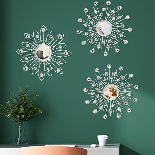 Uaussi 3 Pack Crystal Sunburst Wall Mirror Décor Rhinestone Mirrors Decorative Home Wall Art for Living Room Bedroom Entryway(Flower+Sunburst Silver)