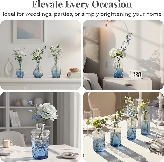 BEAHOT 32 Pack Bud Vase in Bulk,Mini Blue Vintage Glass Flower Vases for Centerpieces,Wedding Decor,Party & Home Decaration,Mother's Day (Blue-Gradient)