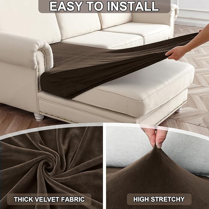 NAISI Waterproof Couch Cushion Covers Thick Velvet Fabric Washable Sofa Slipcovers 1 Piece Individual Sectional Couch Covers with Elastic Bottom(1 PC for Chaise Lounge,Caramel)
