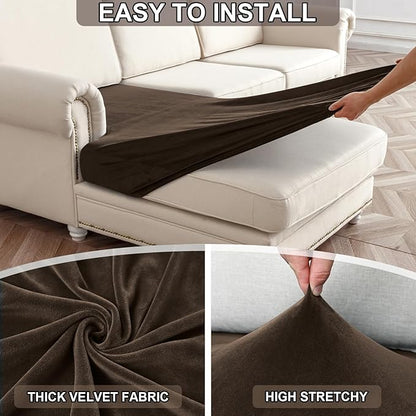 NAISI Waterproof Couch Cushion Covers Thick Velvet Fabric Washable Sofa Slipcovers Sectional Couch Covers for 3 Pieces Separate L Shape Couch Cover with Elastic Bottom(2 Seater + 1 Chaise, Caramel)