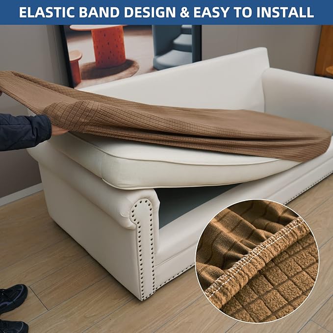 Eismodra Couch Cushion Covers Magic Stretch Sofa Slipcover for 3 Cushion Couch Dogs Pet L Shape 2 Seat Replacement Furniture Protector,Light Brown Length 37-53 inches(Only 1 Piece)
