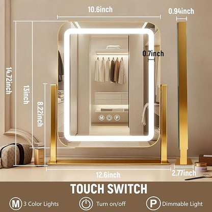 Gold Vanity Mirror with Lights 15"×13", Led Makeup Mirror, Lighted Makeup Mirror with 3 Color Dimmable Lights, Smart Touch Screen Control, 360°Rotation