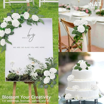 N&T NIETING Artificial Flowers, 25pcs Fake Flowers White Rose Perfect for DIY Wedding Bridesmaid Bridal Bouquets Centerpieces Home Flower Arrangement Decoration