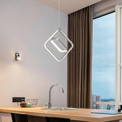Modern LED Chandelier Chrome Rectangular Pendant Light Fixtures 4000K 20W Dimmable Height Adjustable Pendant Lighting for Dining Room Kitchen Island Bedroom Living Room Foyer（2-Pack）