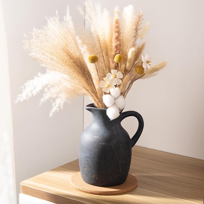 Ceramic Rustic Vase with Handle, Decorative Jug Pitcher, Terracotta Stone Vase for Decor Living Room, Vintage Home Decor, Black