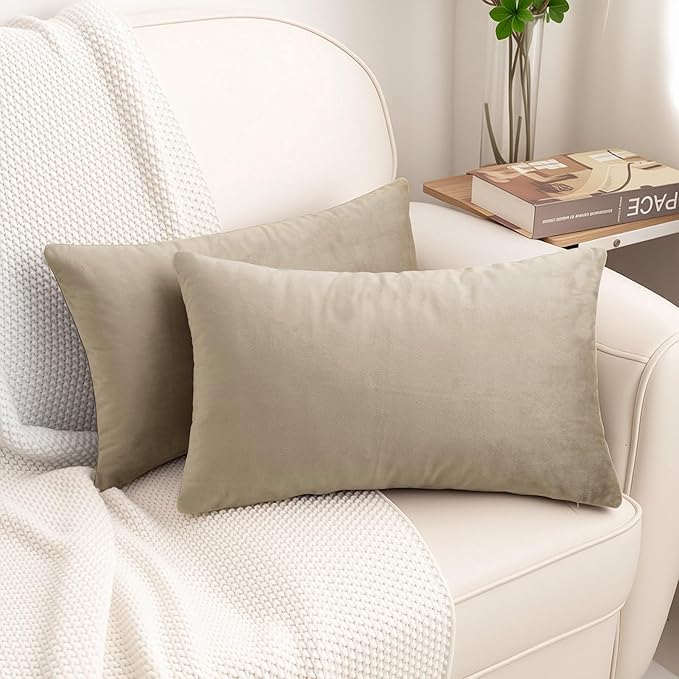 HWY 50 Taupe Velvet Rectangular Throw Pillow Covers 12x20 Inch, Pack of 2 Soft Cozy Solid Decorative Luxury Cushion Cases for Couch Sofa Bed Living Room Bedroom