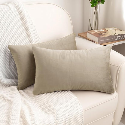 HWY 50 Taupe Velvet Rectangular Throw Pillow Covers 12x20 Inch, Pack of 2 Soft Cozy Solid Decorative Luxury Cushion Cases for Couch Sofa Bed Living Room Bedroom