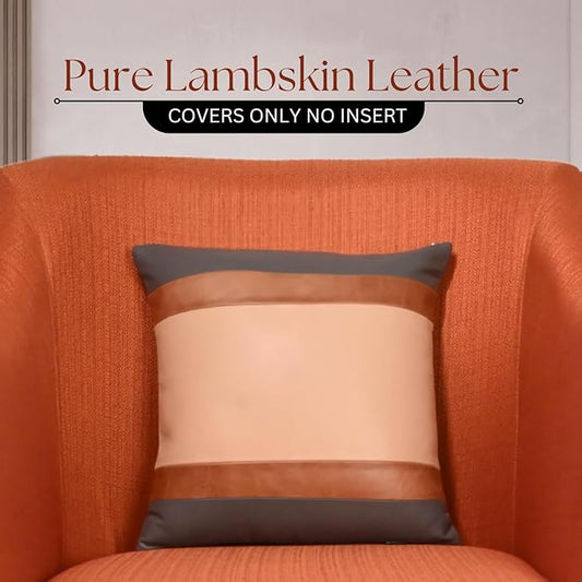 LL LEATHER LOVERS Genuine Lambskin Leather Pillow Cover, 20x20 Inch Case for Lumbar Throw Couch Pillows, Thick & Soft Cushion Covers for Sofa Bed Home Décor (Grey Tan & Off-White Pack of 2)