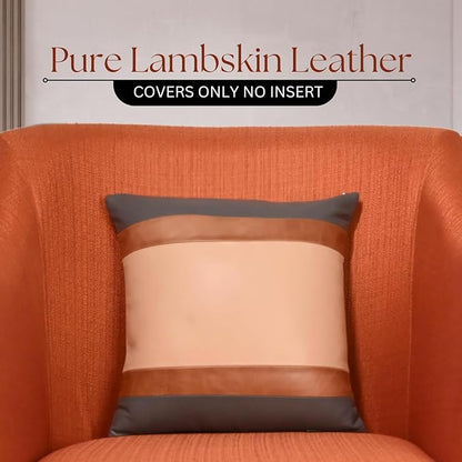 LL LEATHER LOVERS Genuine Lambskin Leather Pillow Cover, 16x16 Inch Case for Lumbar Throw Couch Pillows, Thick & Soft Cushion Covers for Sofa Bed Home Décor (Grey Tan & Off-White Pack of 1)