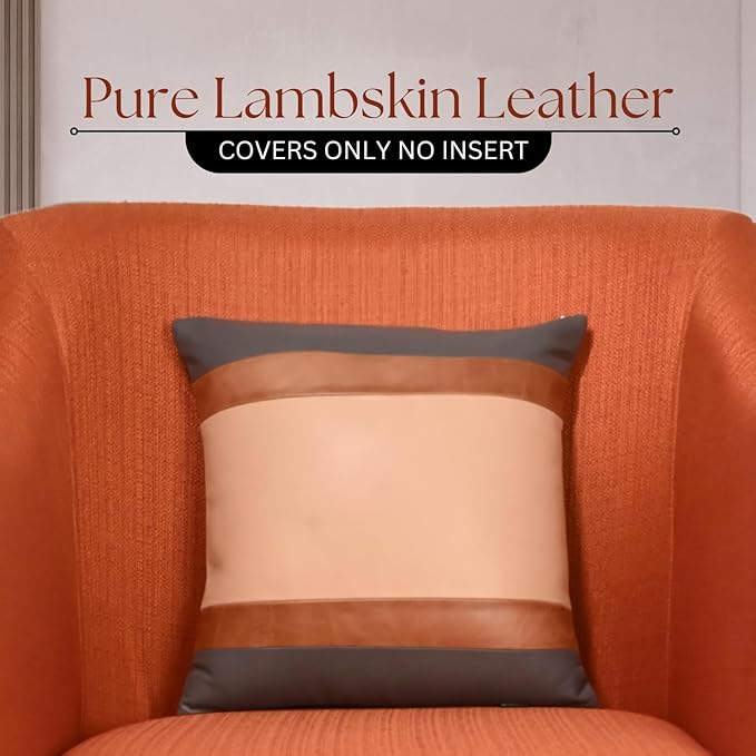 LL LEATHER LOVERS Genuine Lambskin Leather Pillow Cover, 18x18 Inch Case for Lumbar Throw Couch Pillows, Thick & Soft Cushion Covers for Sofa Bed Home Décor (Grey Tan & Off-White Pack of 1)