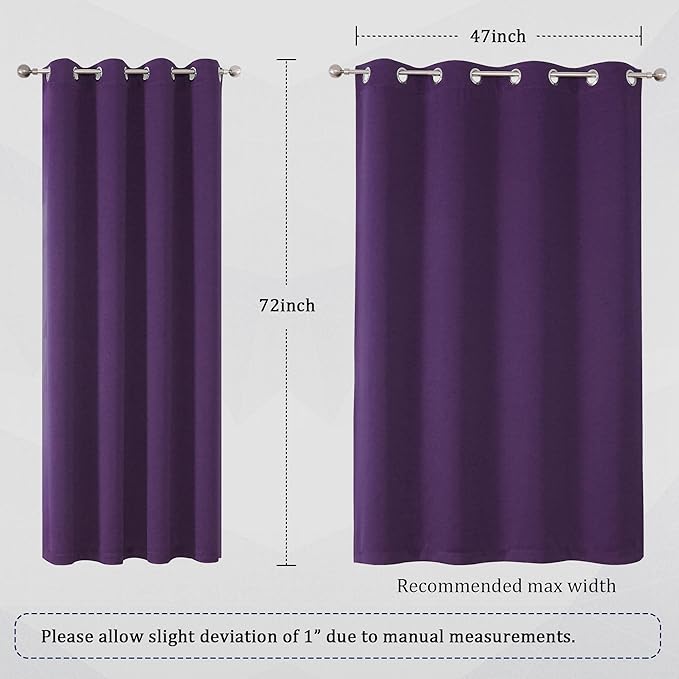 DUALIFE Dark Purple Room Darkening Window Curtain Panels for Bedroom 72 Inch Length Set of 2 Panels Grommet Top Purple Solid Blackout Curtains Drapes for Living Room 52x72 Inch