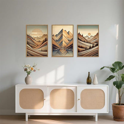 Aryroi Vintage Woodcut Style Mountain Framed Canvas Wall Art Set,Mid Century Nature Woodland Pine Tree Wall Decor,Modern Boho Brown Sunrise Forest Artwork for Living Room,Bedroom,Office-24 x36 x3
