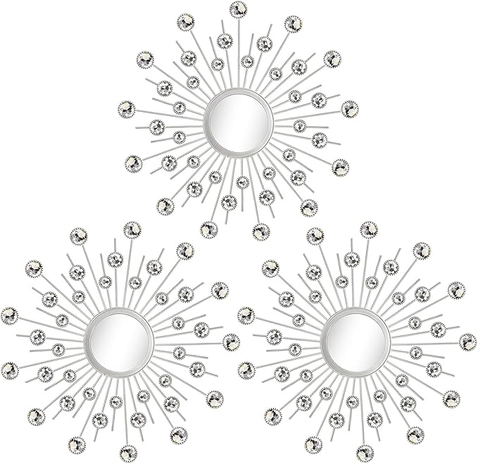 Uaussi 3 Pack Crystal Sunburst Wall Mirror Décor Rhinestone Mirrors Decorative Home Wall Art for Living Room Bedroom Entryway(Crystals Silver)