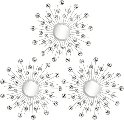 Uaussi 3 Pack Crystal Sunburst Wall Mirror Décor Rhinestone Mirrors Decorative Home Wall Art for Living Room Bedroom Entryway(Crystals Silver)