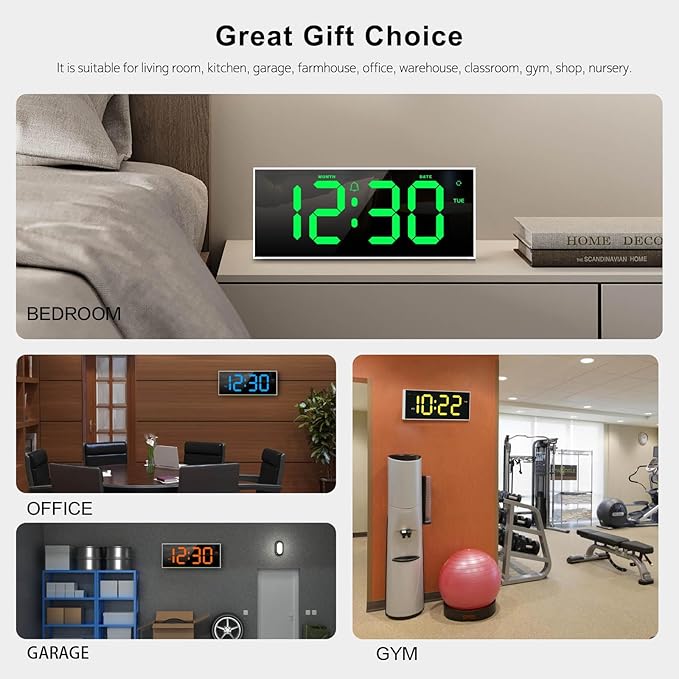 Large Digital Wall Clock 12", Digital Clock with Full Screen Display, 12 RGB Colors Changing, DST, Wall Clock with Night Lights for Elderly Living Room Bedroom Gaming Room (Whie)