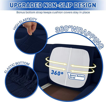 MAXIJIN Waterproof 4 Pieces Couch Cushion Covers for Sectional Sofa Seat Slipcover Stretch Sectional Couch Cover for L Shape Left/Right Chaise with Elastic Bottom (3 Seater + 1 Chaise, Navy Blue)