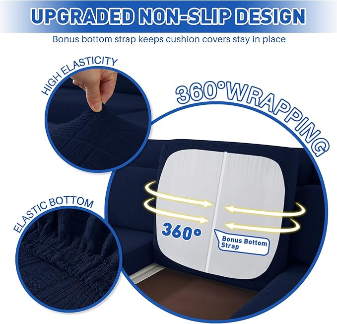 MAXIJIN Waterproof Sectional Couch Covers for L Shape Chaise Lounge 1 Piece Chaise Couch Cover, Couch Cushion Covers for Left/Right Sectional Sofa with Elastic Bottom (Chaise Cover, Navy Blue)