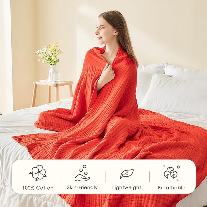 EMME Cotton Muslin Twin XL Blanket Breathable Gauze Blanket Soft Lightweight Blankets Adults Gifts for Women (Orange Rust, 66"x90")