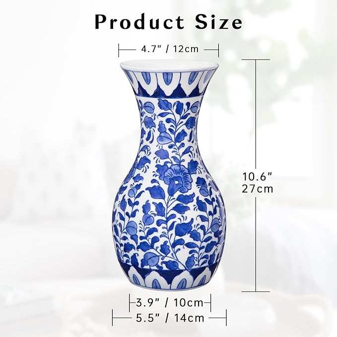 Blue and White Flower Vase, 11 Inch Tall Ceramic Vase in Wide Mouth Floral Pattern, Large Retro Chinoiserie Vase Decor Side Table Centerpiece Living Room Bookshelf, Antique Grand Millennial Decor