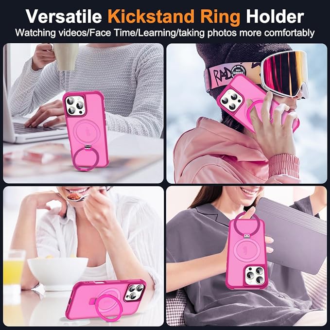 Compatible with iPhone 16 Pro Case with Invisible Magnetic O-Ring Stand Military-Grade Translucent Case for iPhone 16 Pro 6.3" [Compatible with Mag-Safe][Great Grip Feeling], Rose