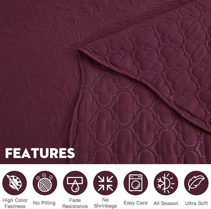 CHIXIN Bedspread Coverlet Quilt Set Full Size - Lightweight Bedding Cover - Ultrasonic Quilting - 5 Piece Reversible Bedspread - Elegant Damask Paisley Pattern (Full, Purple)