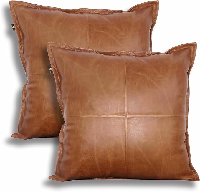 LL LEATHER LOVERS Lambskin Leather Pillow Cover - Sofa Cushion Case - Decorative Throw Covers for Living Room & Bedroom, 14x14 Inches - Antique Brown Box Pack of 2