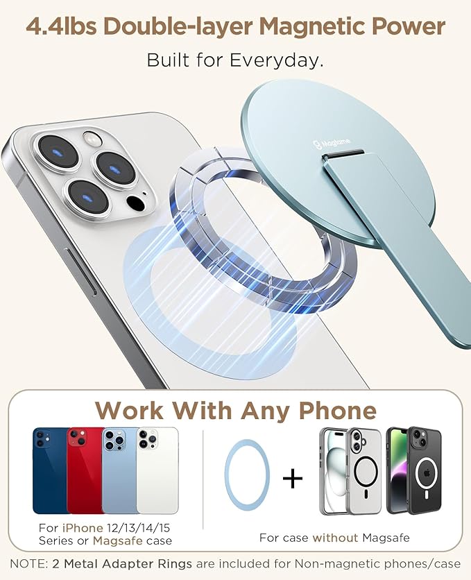 Magtame Magnetic Phone Stand Grip for Magsafe, Utral-Thin Snap-on Phone Holder, Kickstand, & Grip, Foldable & Adjustable for Hands-Free Viewing | Compatible with Phone 16 15 14 13 12 Pro, Blue