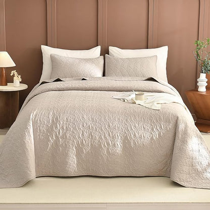 Sanracie Oversized King Quilt Bedspreads 128"*120", 100% Cotton Linen Colored Cal King Quilt Bedding Set Leaves Quilting Extra Wide Large Lightweight 3Pcs Coverlet King Size for All Season