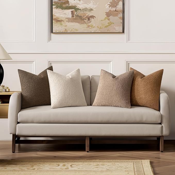 MIULEE Pack of 4 Decorative Textured Boucle Throw Pillow Covers 18x18 Inch Neutral Brown Accent Solid Pillow Cases Couch Cushion Covers for Modern Farmhouse Boho Chair Sofa Bed Room Home Decor