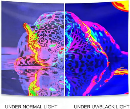 seewan Black Light Leopard Tapestry, UV-Reactive Purple Jaguar Water Reflection Wall Hanging, Psychedelic Wildlife Art Wall Decoration for Bedroom, Dorm, or Living Room