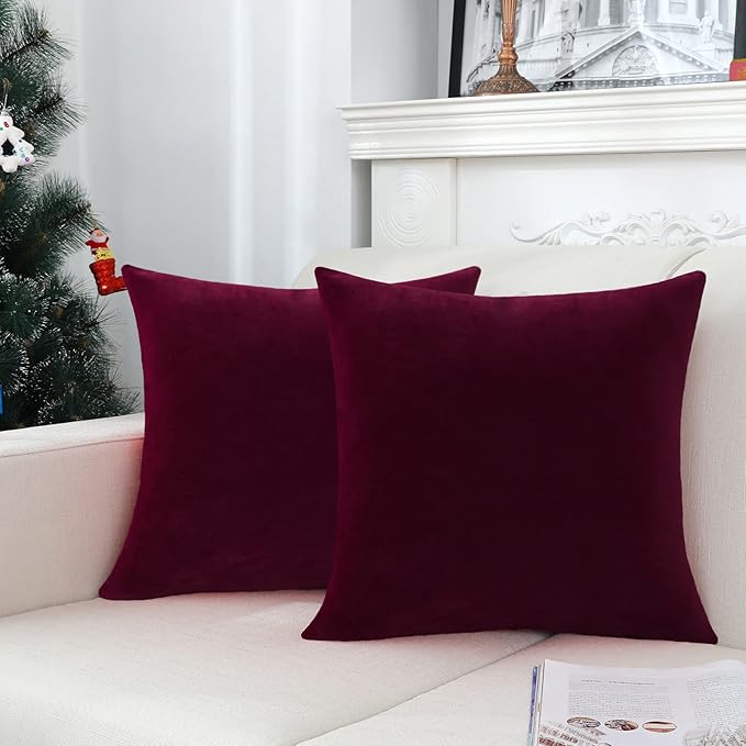Jeneoo Set of 2 Comfy Soft Thick Velvet Throw Pillow Covers for Sofa Couch Decorative Solid Square Cushion Cases for Bedroom Car (14 x 14 Inches, Burgundy Red)